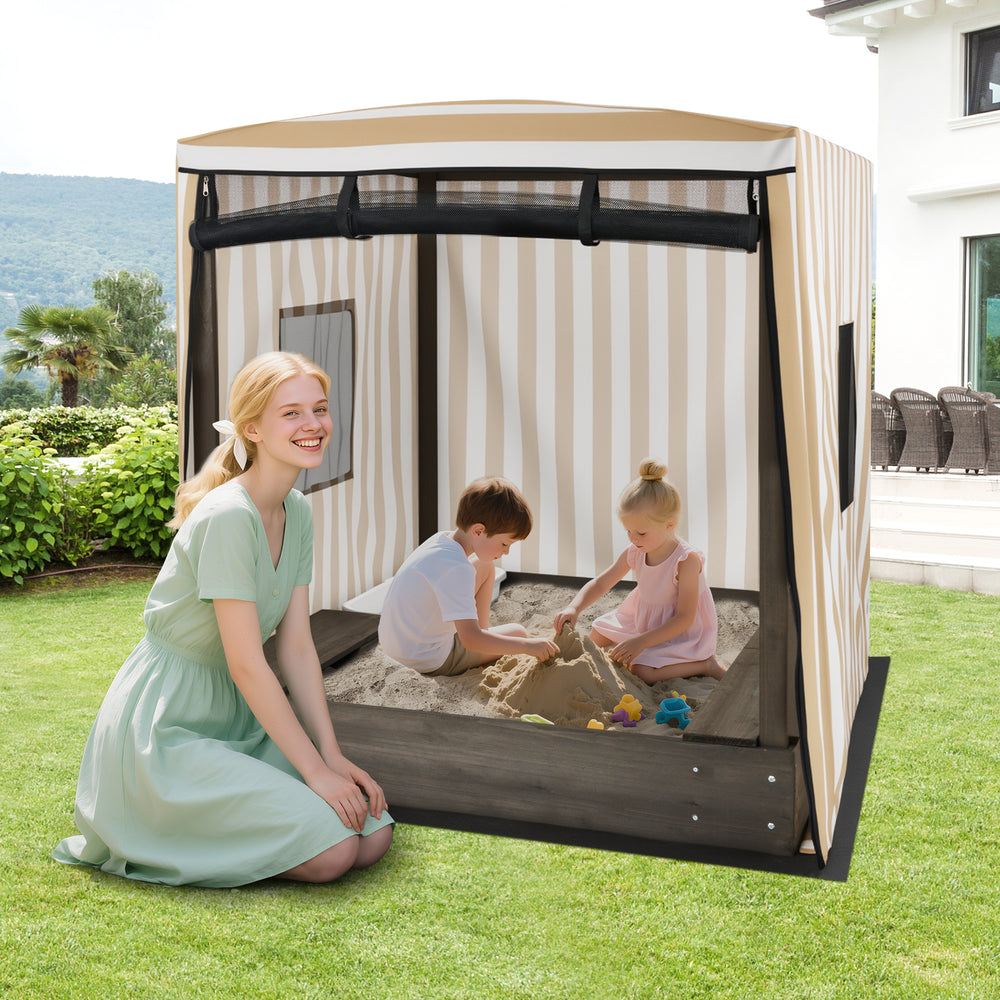 Wooden sandbox with canopy for children featuring roll-up curtains, breathable mesh, and built-in seats for outdoor.