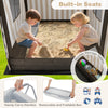 Wooden sandbox with canopy featuring built-in seats, hidden storage, and roll-up curtains for children aged 3+.