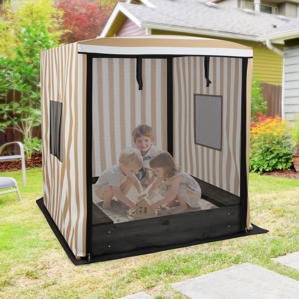 Wooden sandbox with canopy for children, featuring breathable mesh, roll-up curtains, and built-in seating for outdoor.
