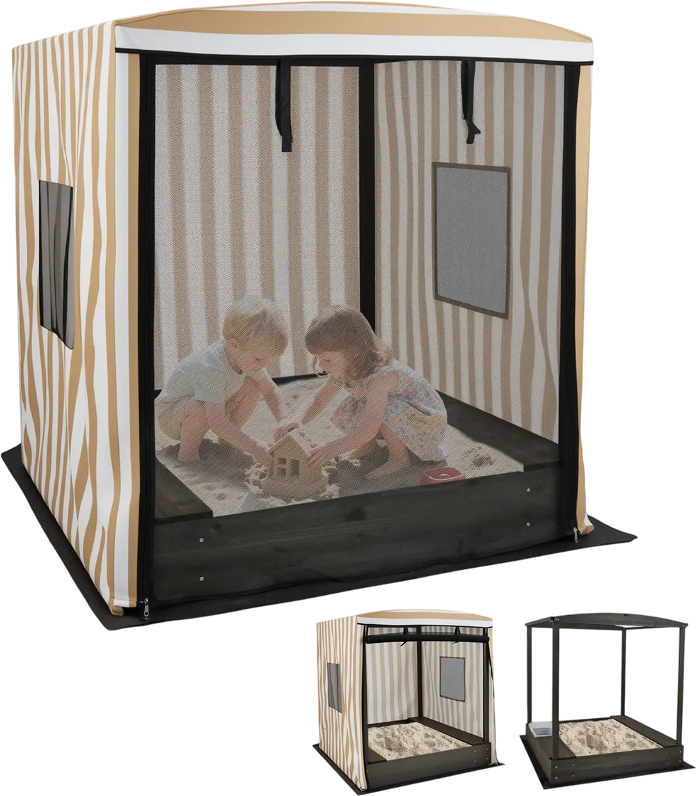 Wooden sandbox with canopy for children, featuring solid wood, breathable mesh, and roll-up curtains for outdoor play.
