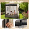 Wooden sandbox with canopy featuring roll-up door curtains, smooth zippers, and breathable mesh for outdoor play.