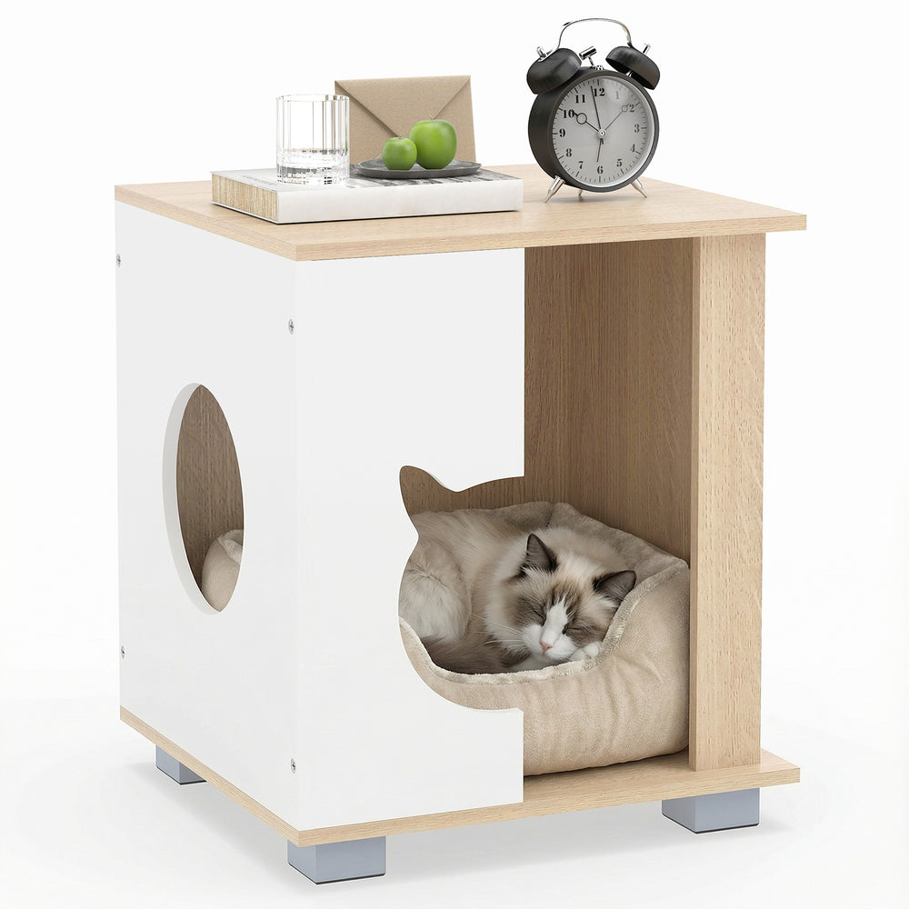Wooden semi-enclosed cat condo with kitty head-shaped entry, natural finish, and sturdy metal legs, perfect as a side.