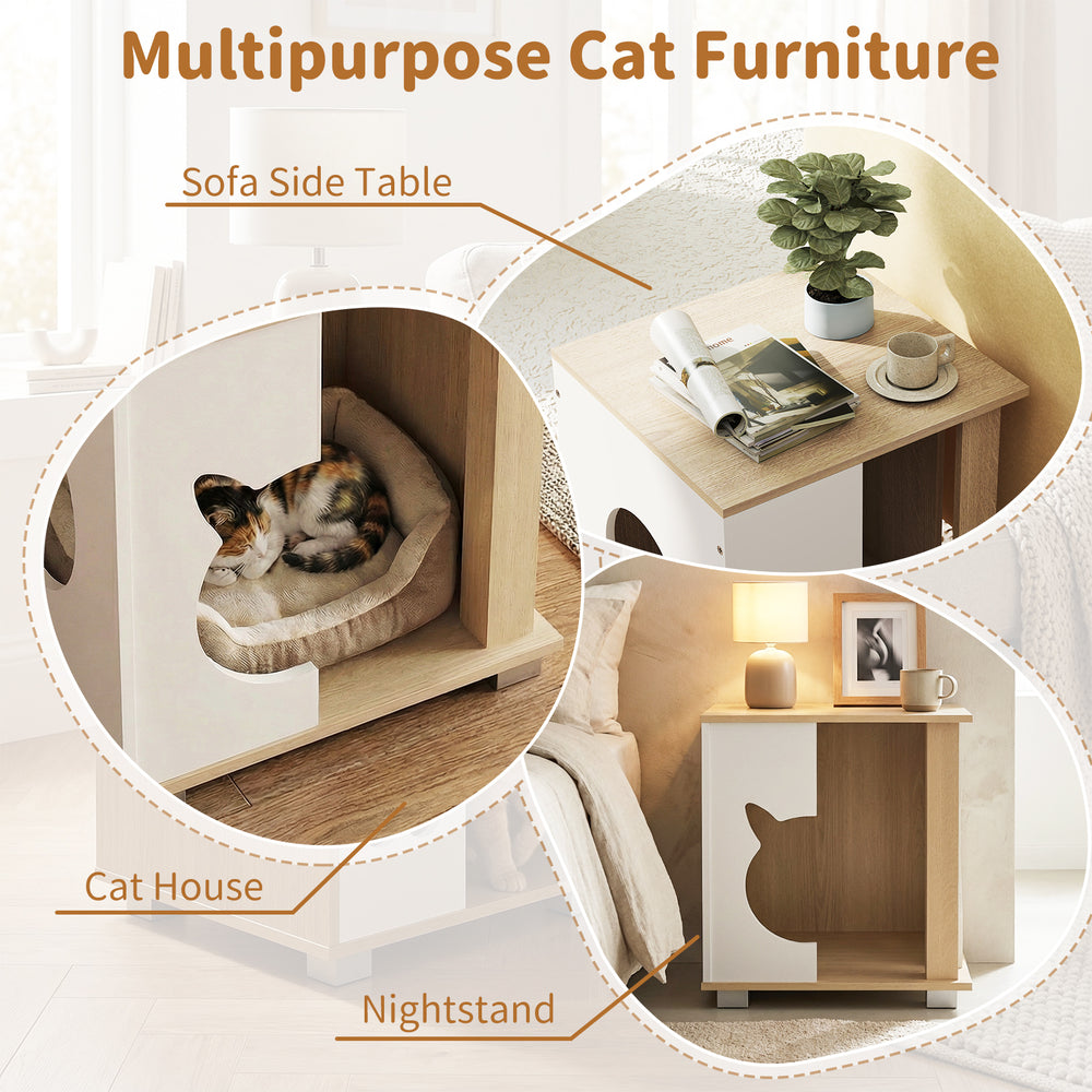 Wooden semi-enclosed cat condo with kitty head entry, serving as a nightstand or sofa side table for stylish pet.