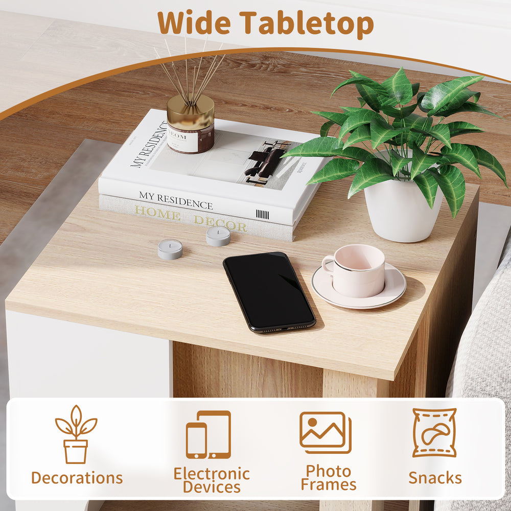 Wooden semi-enclosed cat condo with wide tabletop for decorations, snacks, and electronic devices, featuring a cute cat.
