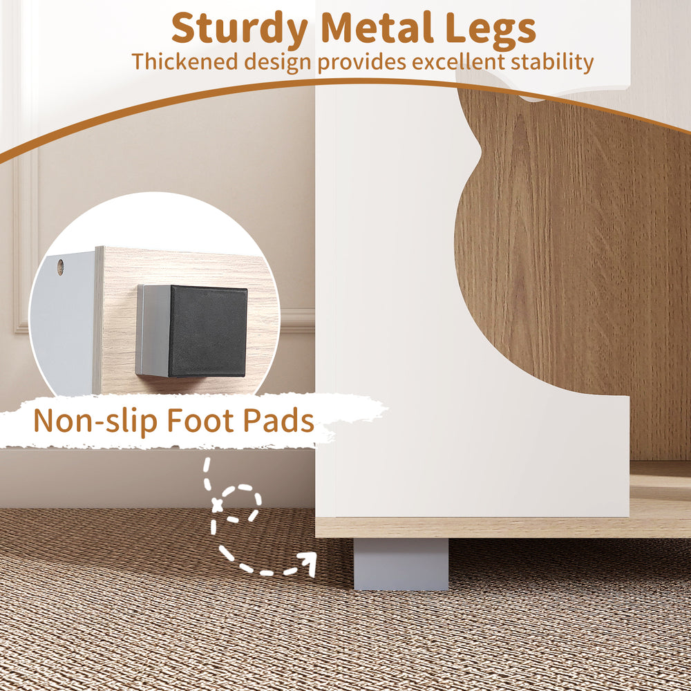 Sturdy metal legs with non-slip foot pads of the wooden semi-enclosed cat condo for stability and floor protection.