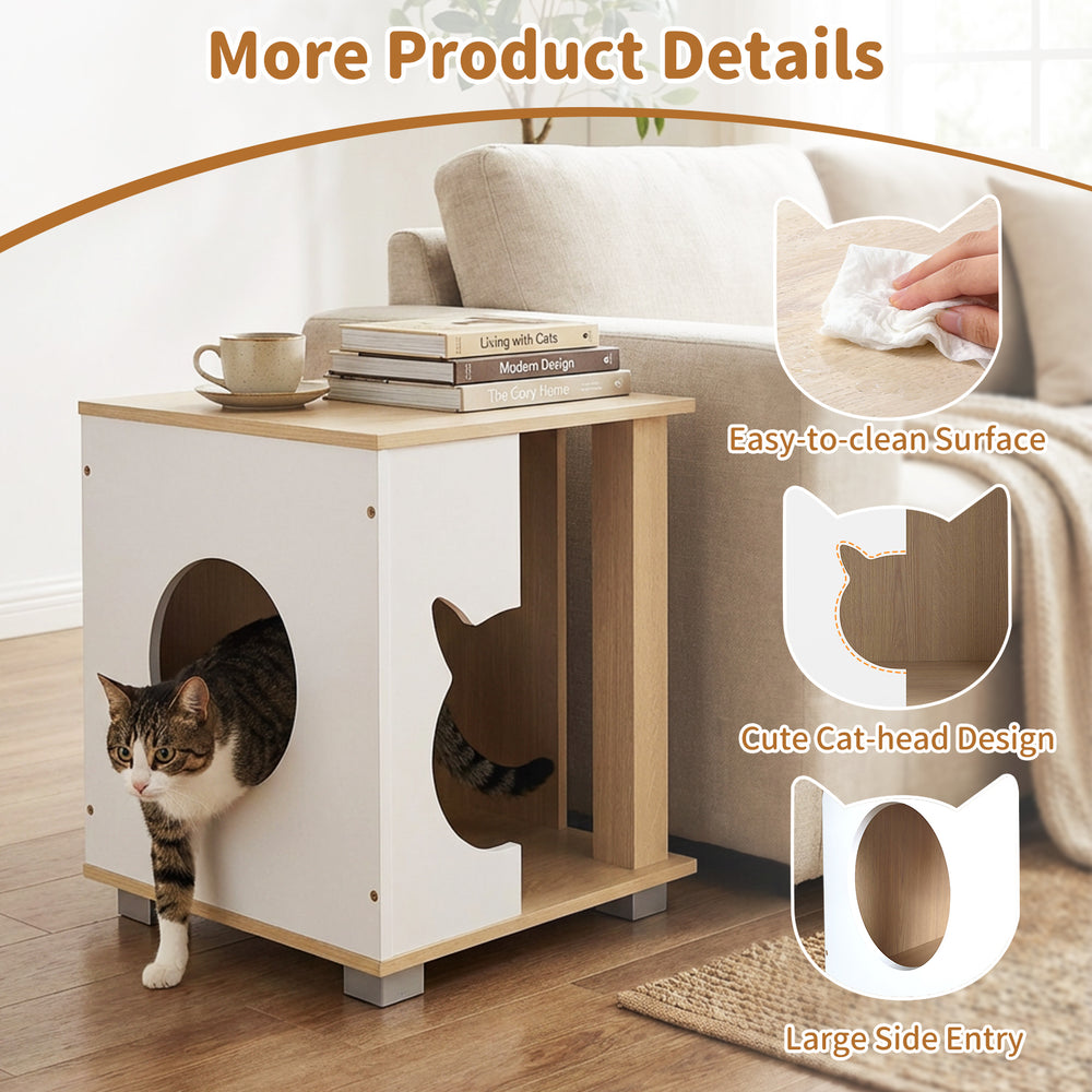 Wooden semi-enclosed cat condo with cute cat head design, featuring an easy-to-clean surface and large side entry for.