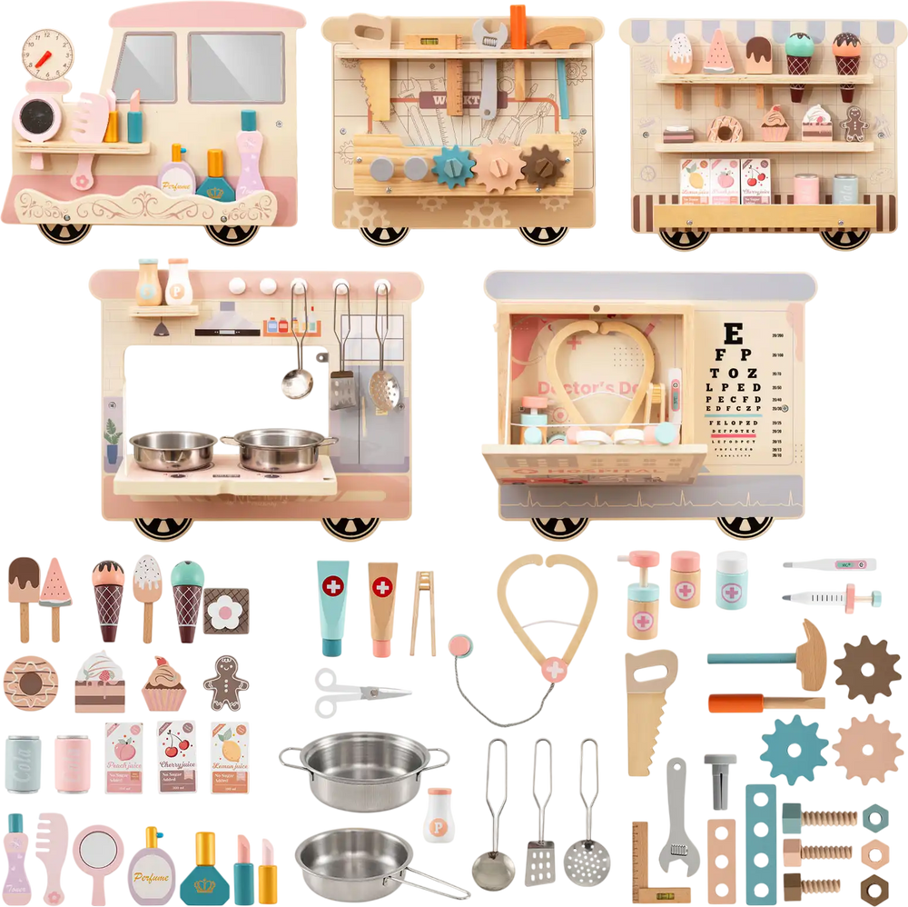 Wooden Sensory Wall Panel with Vanity and Tool Box