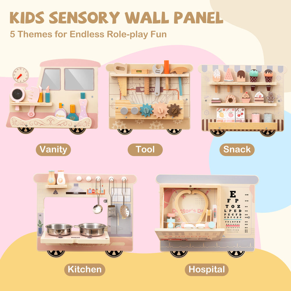 Wooden sensory wall panel featuring vanity, tool box, snack bar, kitchen, and hospital for endless role-play fun.