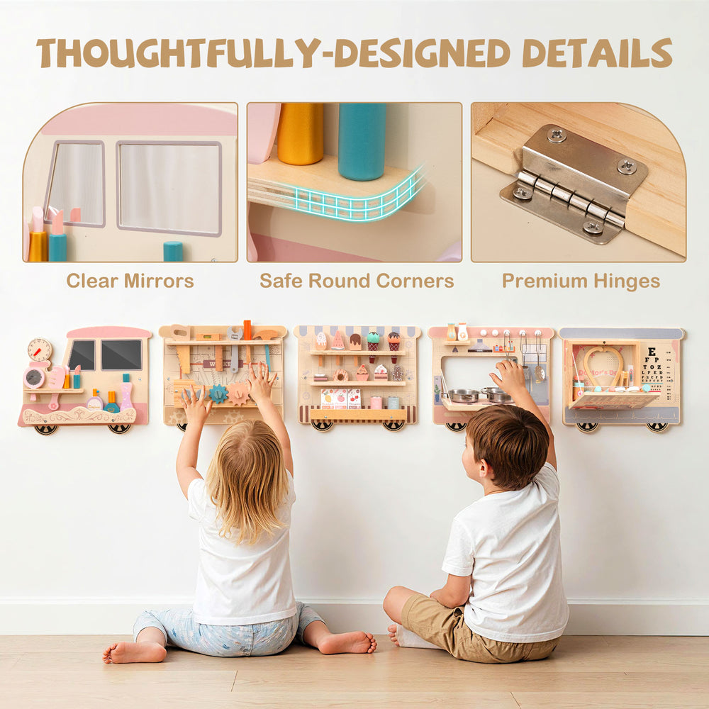 Wooden sensory wall panel featuring a vanity and tool box, designed for safe role-play with clear mirrors and premium.