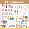 63-piece accessory kit for kids' sensory wall panel, featuring tools, kitchenware, and first aid items for imaginative.