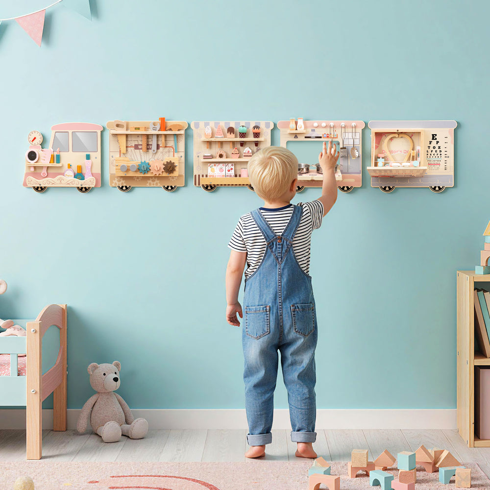 Wooden sensory wall panel featuring a vanity and tool box, designed for kids' role-play and hands-on learning.