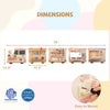 Wooden sensory wall panel train with vanity, tool box, and kitchen for kids' role-play fun, measuring 78" x 12.5".