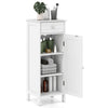 White wooden storage cabinet with adjustable shelves and drawer, perfect for bathrooms or small spaces.