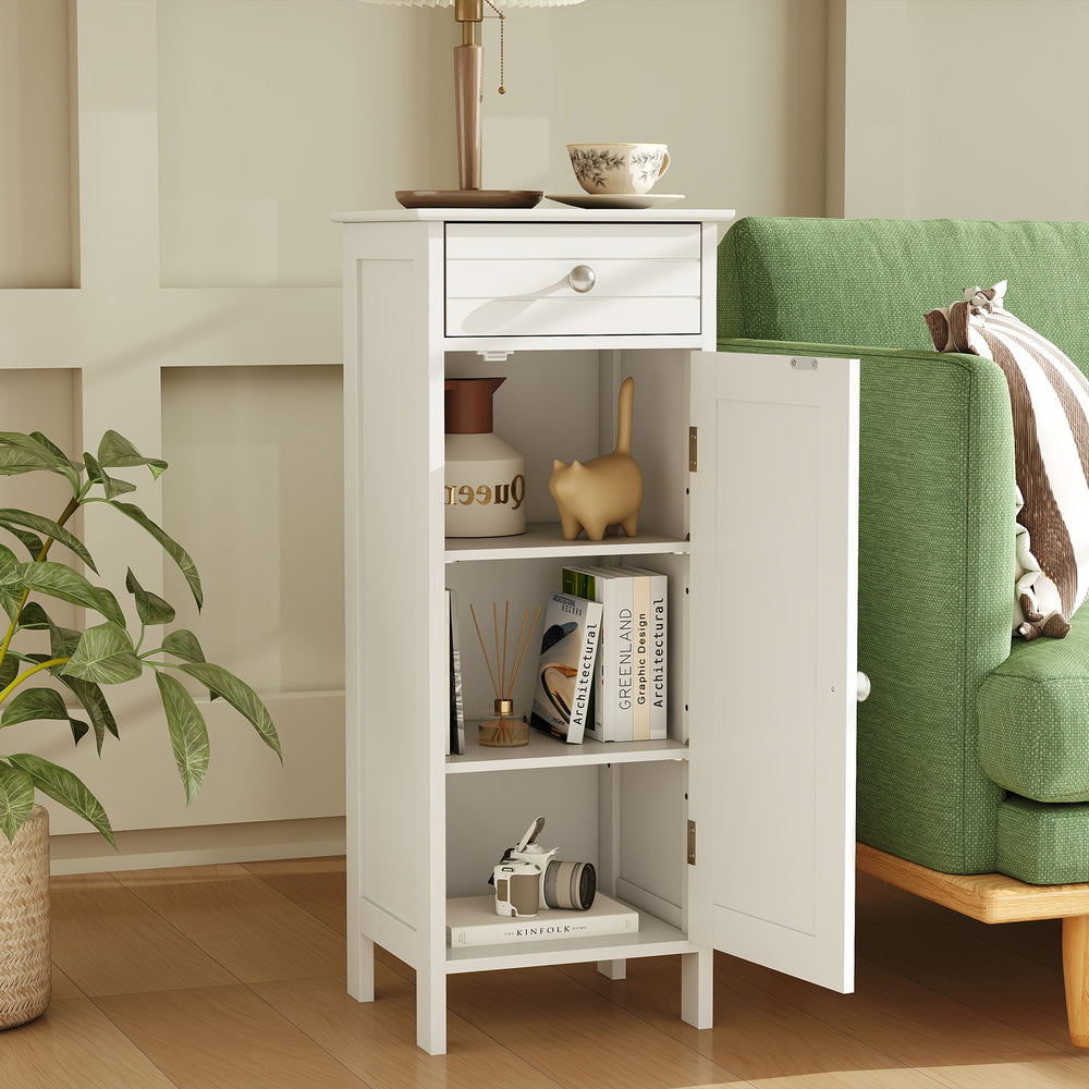 Wooden Storage Free-Standing Floor Cabinet with Drawer and Shelf-White - Gallery View 1 of 11