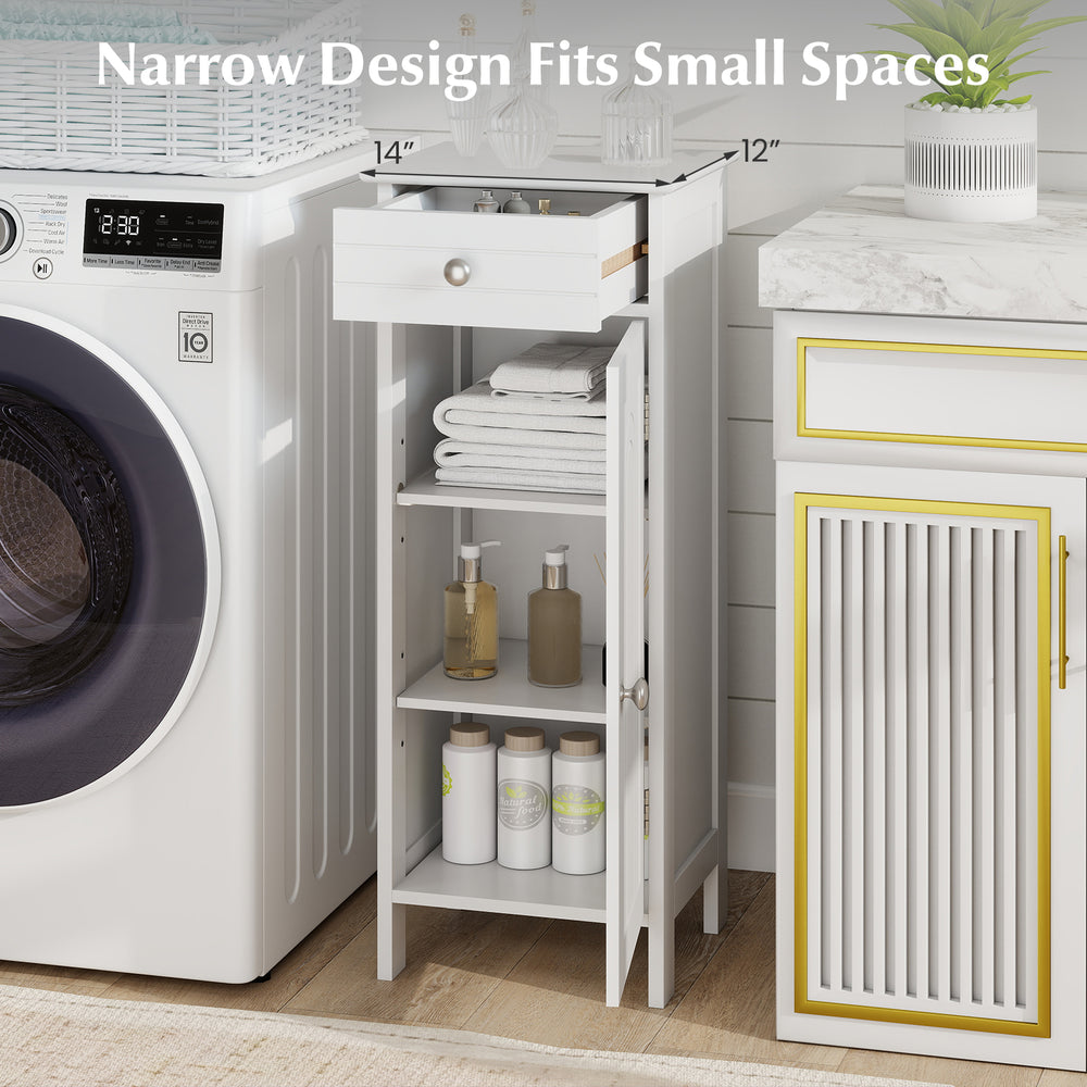 White wooden storage cabinet with drawer and adjustable shelves, perfect for small spaces in bathrooms or living rooms.
