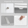 Close-up of the waterproof surface and metal knobs of the white wooden storage cabinet with adjustable shelves.