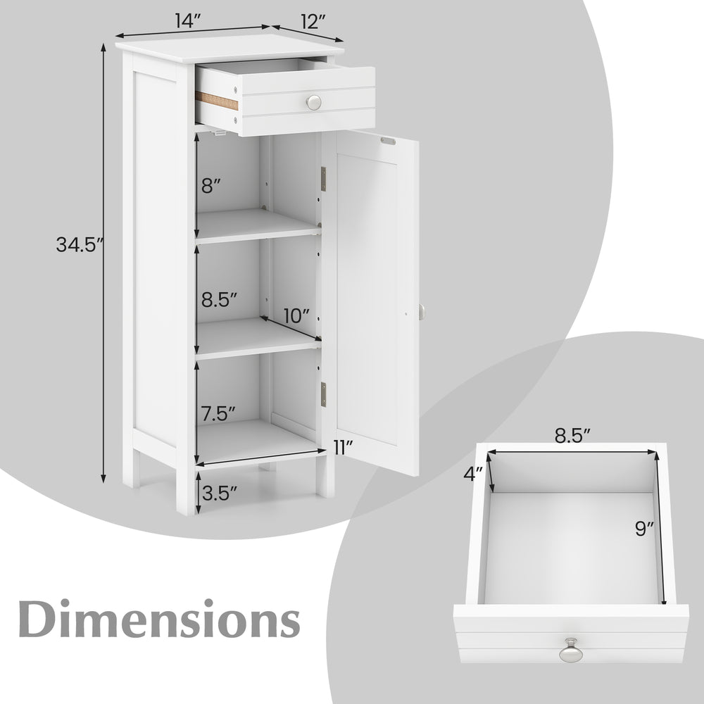 Wooden storage cabinet in white with adjustable shelves and drawer, ideal for compact spaces in bathrooms or living.