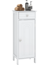 White wooden storage cabinet with drawer and adjustable shelves, ideal for compact spaces in bathrooms or living rooms.