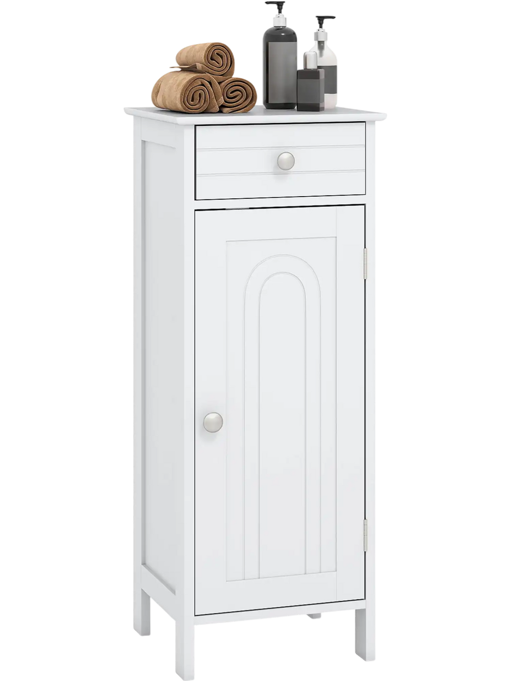 White wooden storage cabinet with drawer and adjustable shelves, ideal for compact spaces in bathrooms or living rooms.