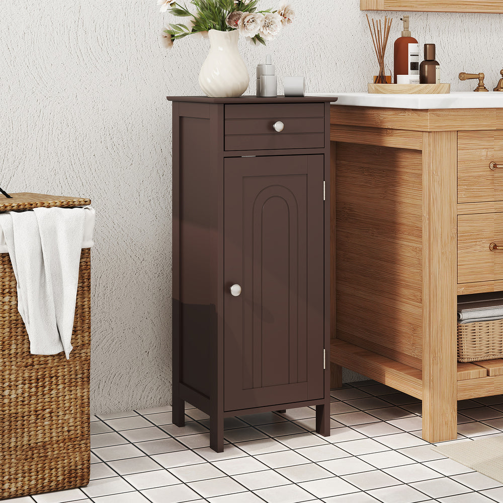 Wooden Storage Free-Standing Floor Cabinet with Drawer and Shelf-Brown - Gallery View 1 of 10