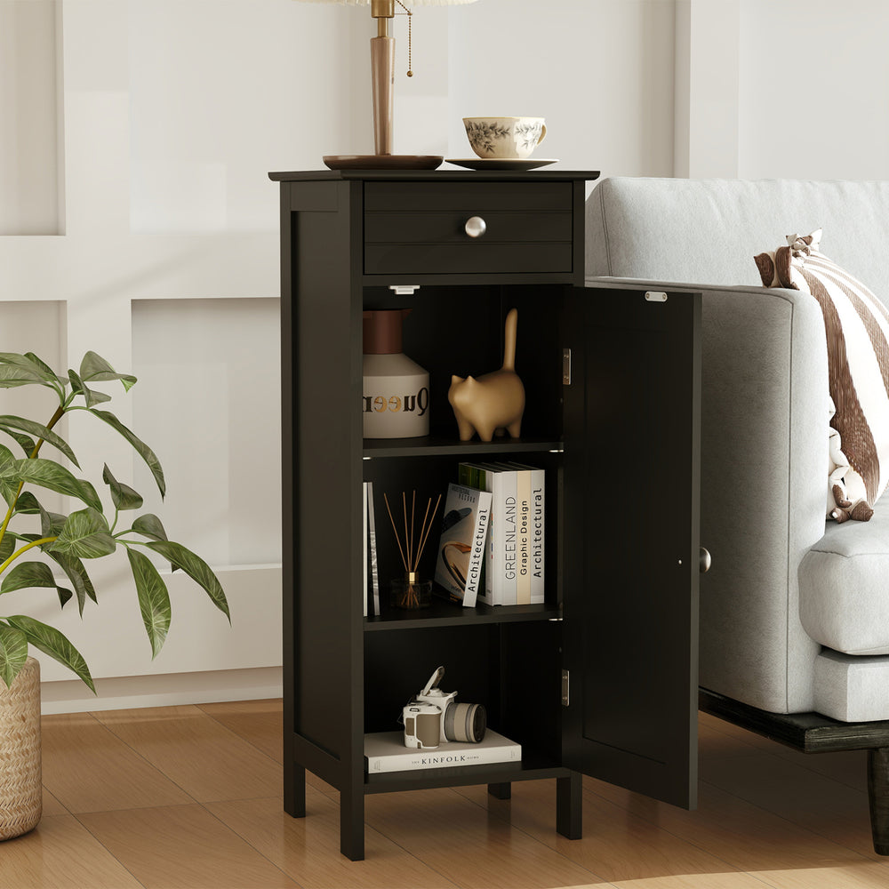 Wooden Storage Free-Standing Floor Cabinet with Drawer and Shelf-Black - Gallery View 1 of 10