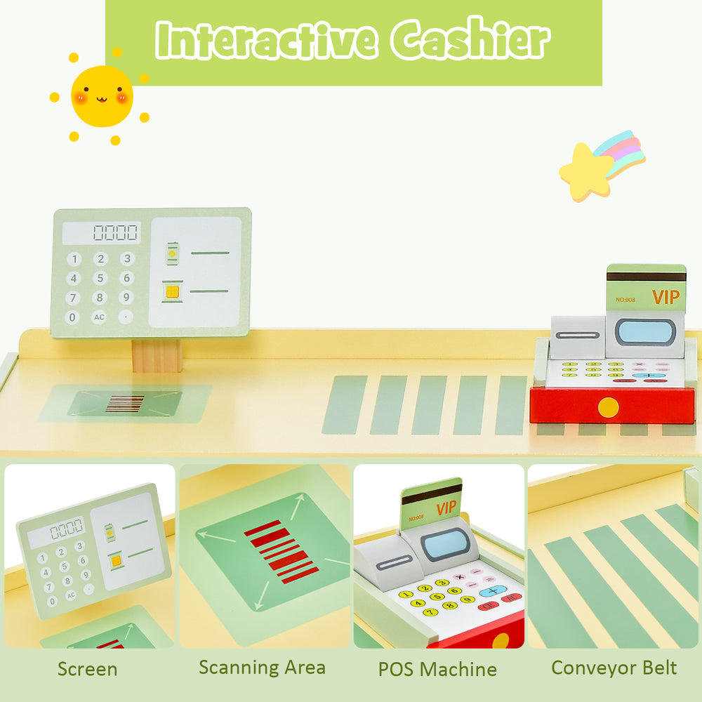 Kids wooden supermarket play toy set with interactive cashier, realistic POS machine, and storage shelves for.