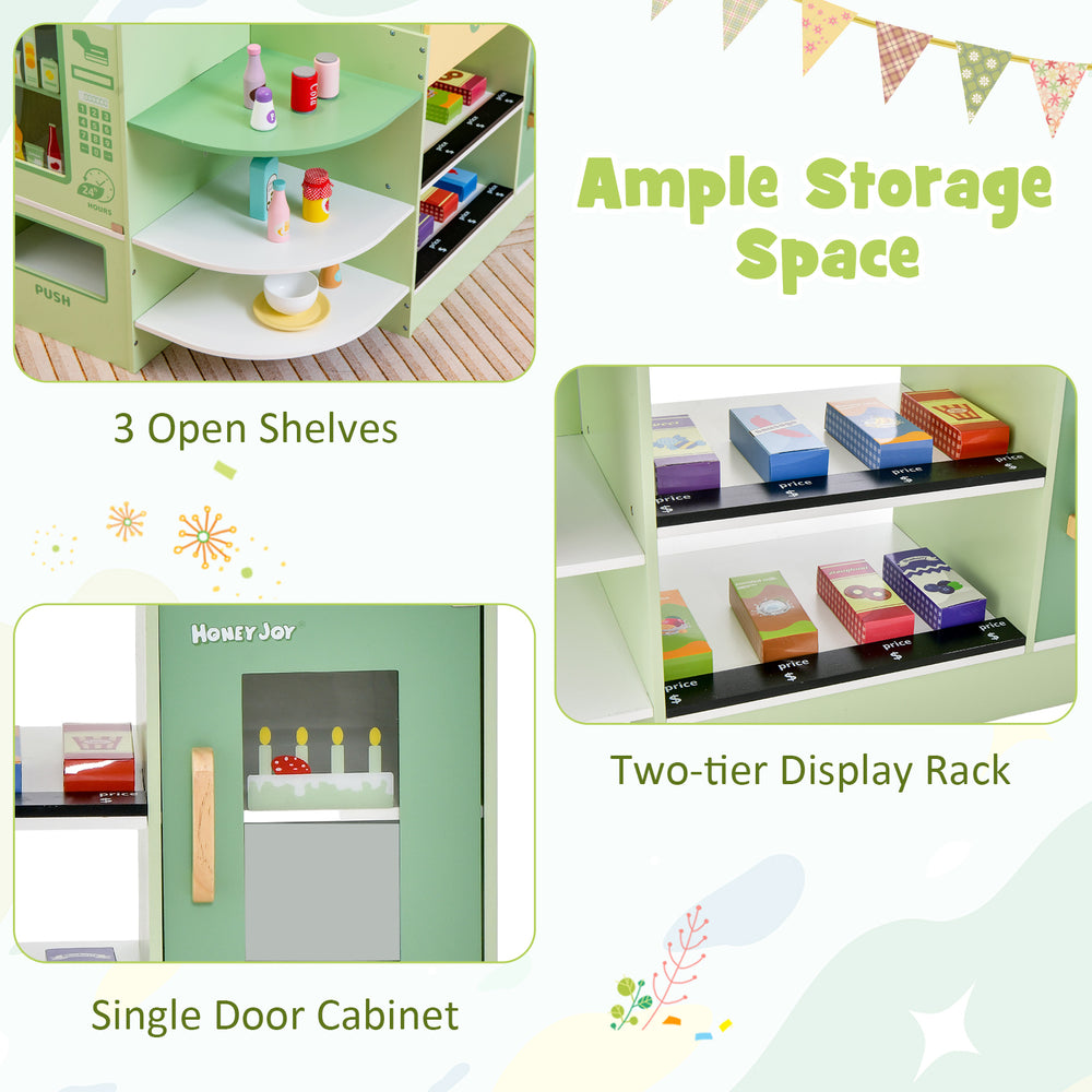Kids wooden supermarket play toy set showcasing ample storage with open shelves, display racks, and a single door.