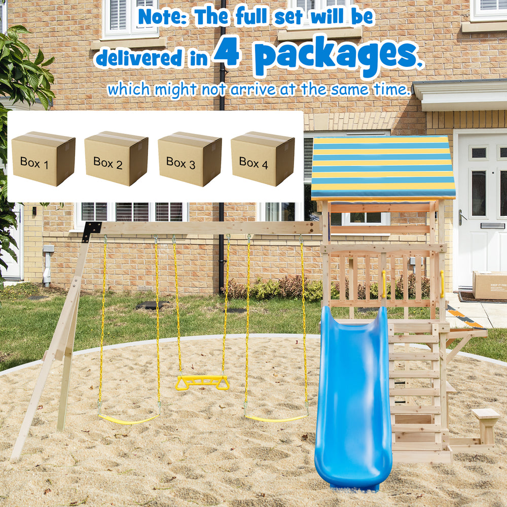 Wooden swing set featuring a large slide, steering wheel, and canopy, ideal for outdoor play in backyards or parks.