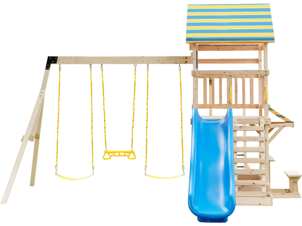 Wooden Swing Set with Large Upper Deck Slide and Steering Wheel