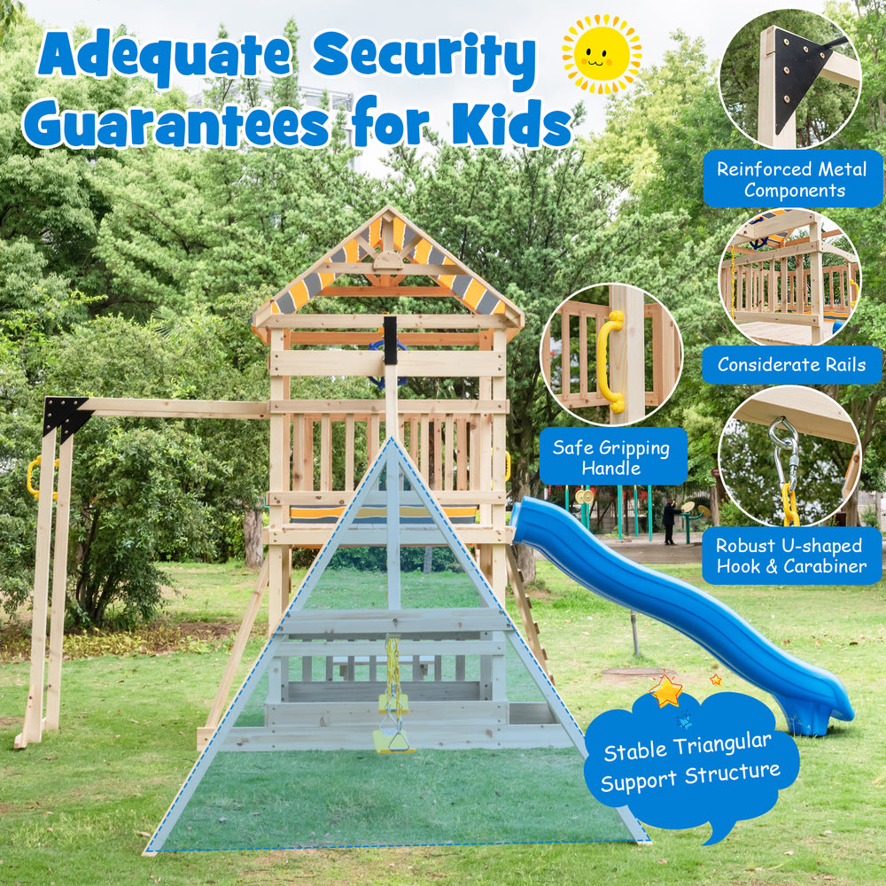 Wooden swing set featuring a large upper deck slide, steering wheel, and sturdy fir wood construction for outdoor fun.