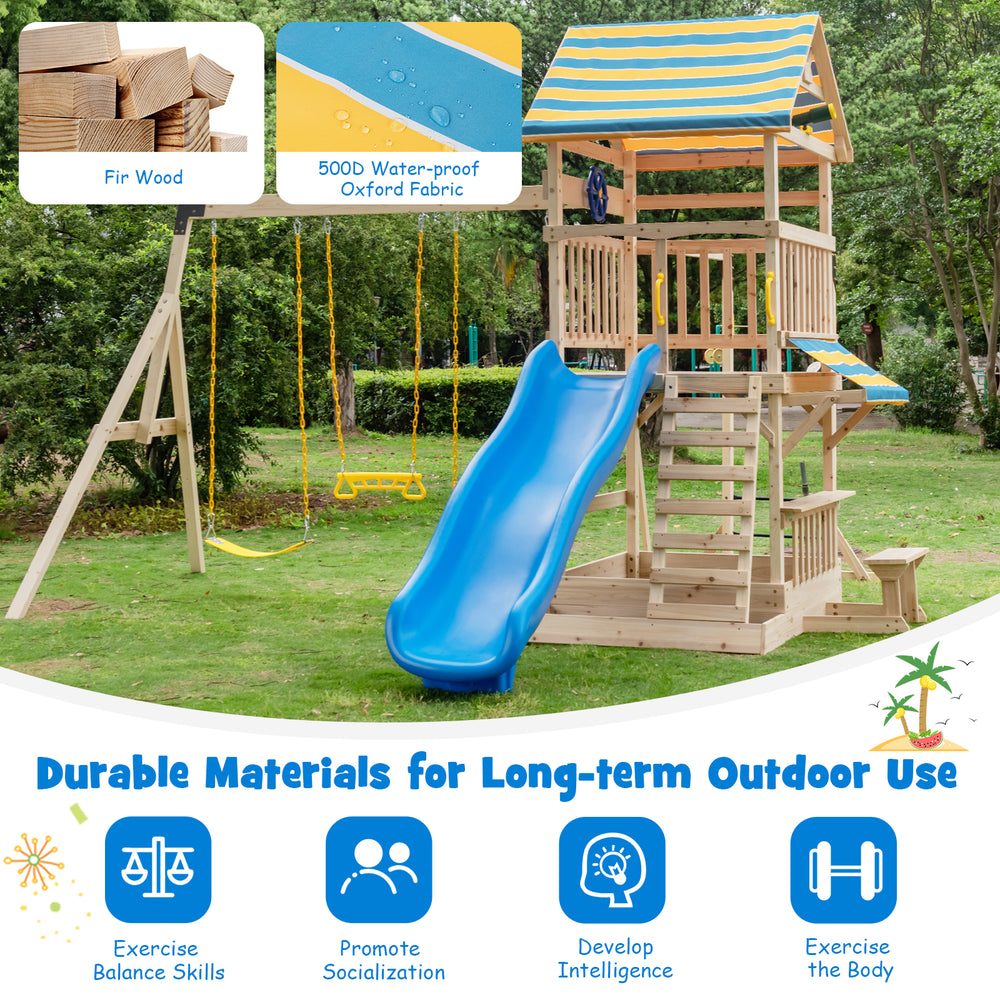 Wooden swing set featuring a large upper deck slide, fir wood construction, and multiple play features for outdoor fun.