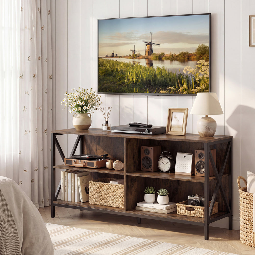 Wooden TV Stand Entertainment for TVs up to 55 Inch with X-Shaped Frame-Rustic Brown - Gallery View 1 of 10