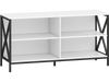 White wooden TV stand featuring an X-shaped frame and five sturdy legs, offering a durable surface and open compartments for storage.