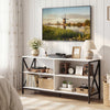Stylish white wooden TV stand with X-shaped frame, ample storage for TVs up to 55 inches, perfect for modern living rooms.