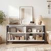 Stylish wooden TV stand with open shelves and cable management for TVs up to 55 inches, perfect for modern living rooms.