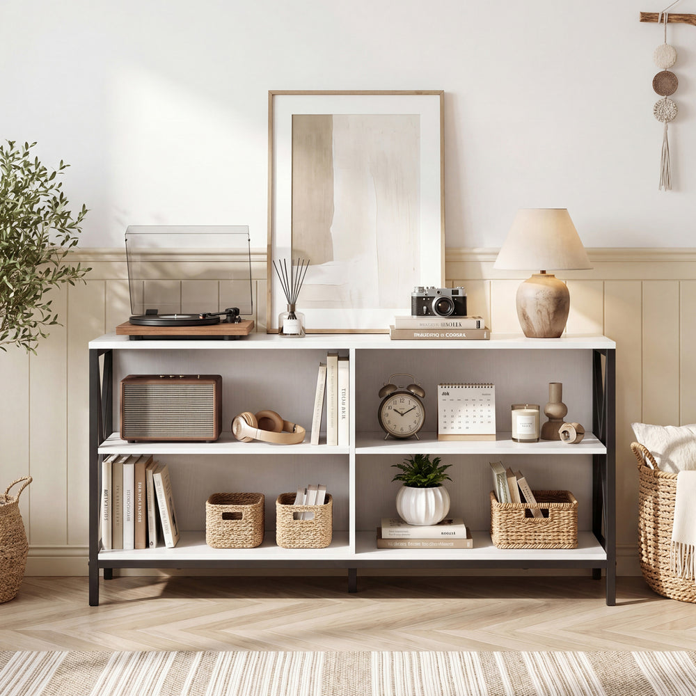 Stylish wooden TV stand with open shelves and cable management for TVs up to 55 inches, perfect for modern living rooms.