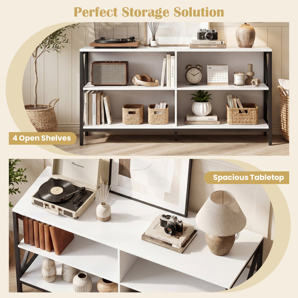Stylish wooden TV stand with X-shaped frame, featuring spacious tabletop and 4 open shelves for ample storage.