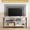 Wooden TV stand in white with open shelves, suitable for flat screen TVs up to 55 inches, offering ample storage space.