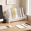 Wooden tilting bookshelf organizer in white, ideal for magazines and books, perfect for desktop or tabletop use.