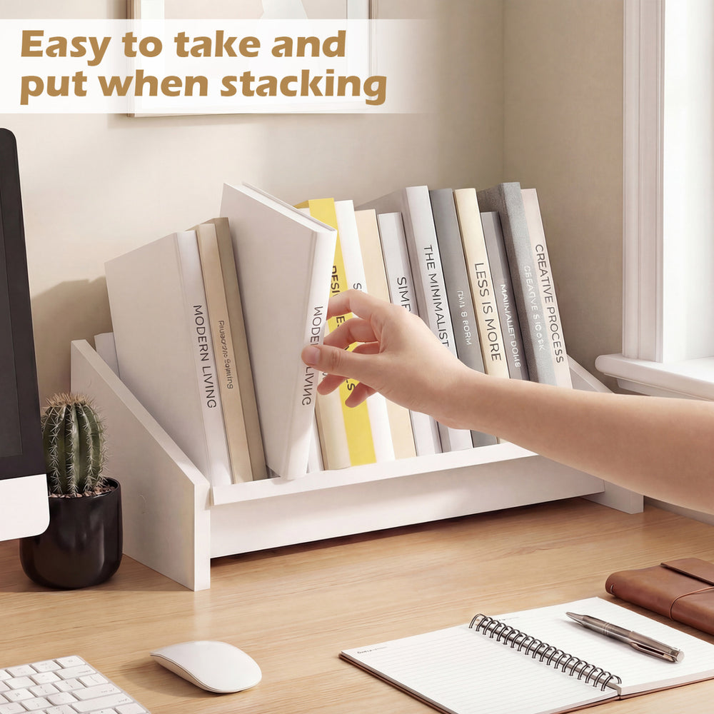 Wooden tilting bookshelf organizer in white, ideal for magazines and books, enhancing desktop storage and elegance.
