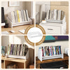White wooden tilting bookshelf organizer displaying game discs, perfect for keeping your gaming area neat and stylish.