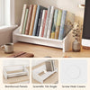Wooden tilting bookcase in white, designed for magazines and books, offering space-saving storage for desktops.
