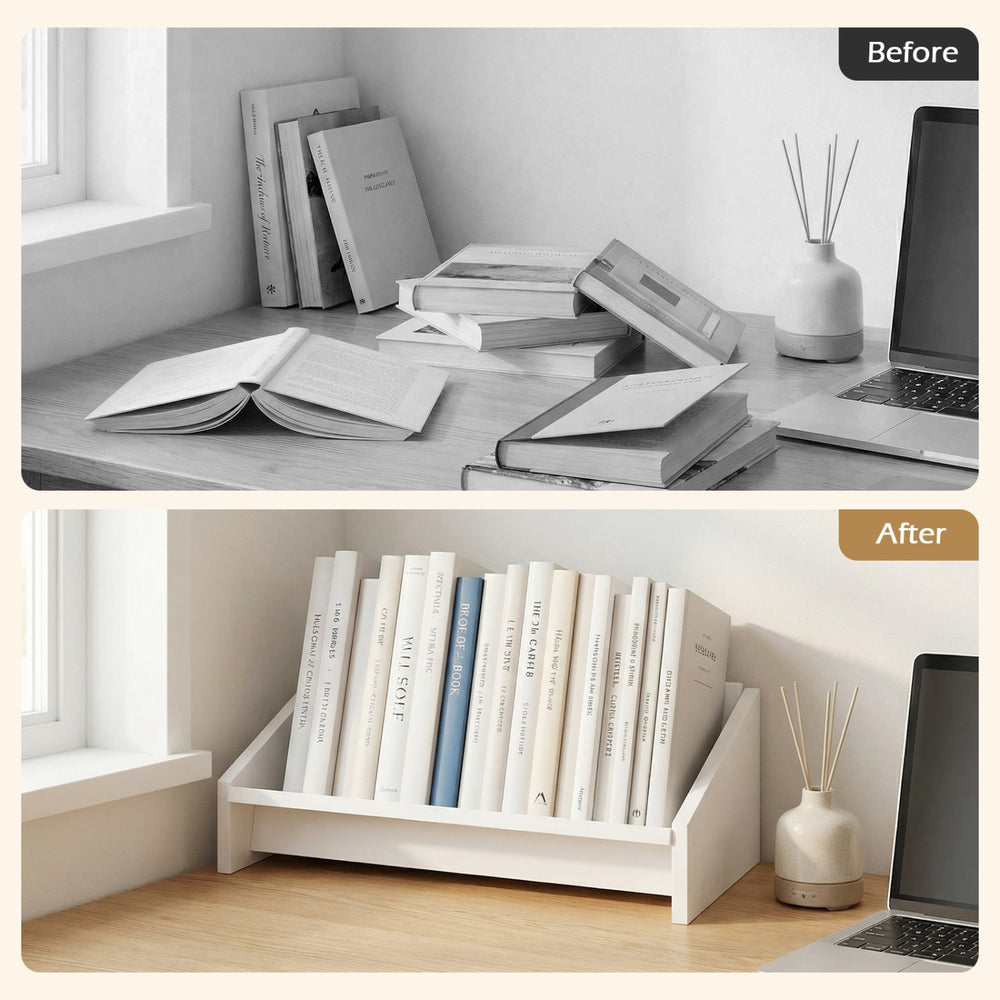 Wooden tilting bookcase in white, showcasing organized books and magazines for a tidy desktop environment.