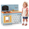 Wooden toy kitchen playset in blue with removable faucet, stovetops, and cooking accessories for imaginative play.