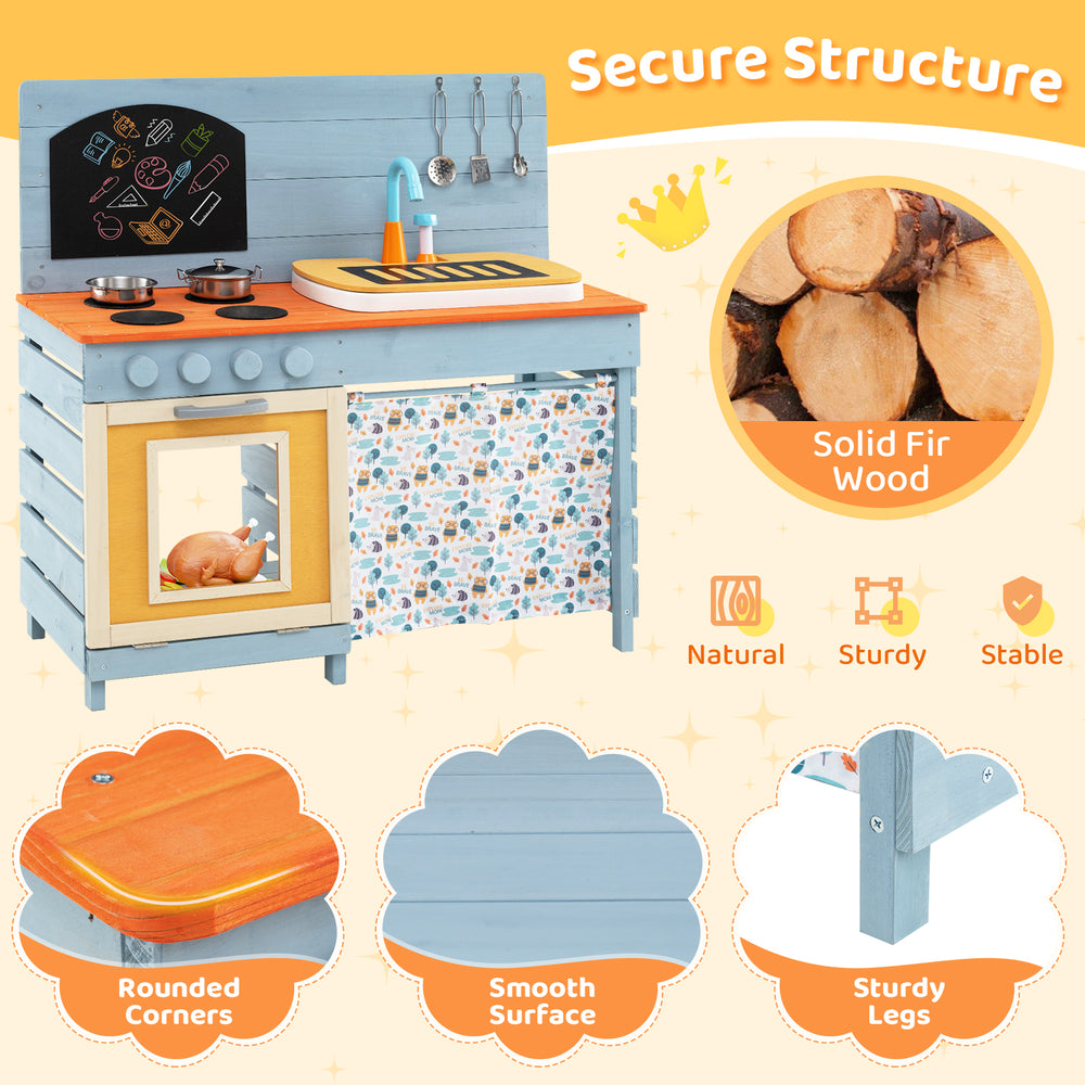 Wooden toy kitchen playset in blue with solid fir wood, sturdy legs, and removable faucet for imaginative cooking fun.