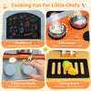 Wooden toy kitchen playset in blue with 4 stovetops, rotation knobs, chalkboard, and cutting board for imaginative play.