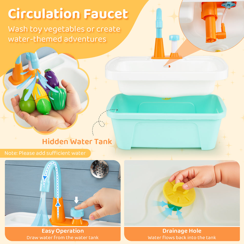 Removable circulation faucet with drainage hole for washing toy vegetables in the blue wooden toy kitchen playset.