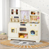 Wooden toy kitchen playset in beige with 14 accessories, featuring oven, washing machine, and storage compartments for.
