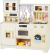 Wooden toy kitchen playset in beige with 14 accessories, including oven, coffee maker, and washing machine for.