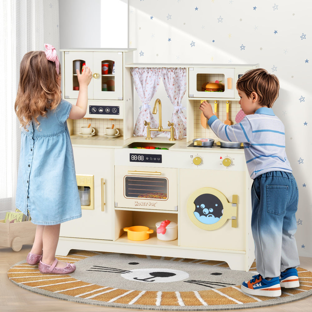 Wooden toy kitchen playset in beige with 14 accessories, featuring a realistic stove and multiple storage compartments.